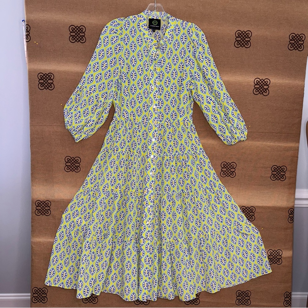 Catherine Prevost 100% Silk Long Sleeve Maxi Dresses In Yellow/Multi Size S